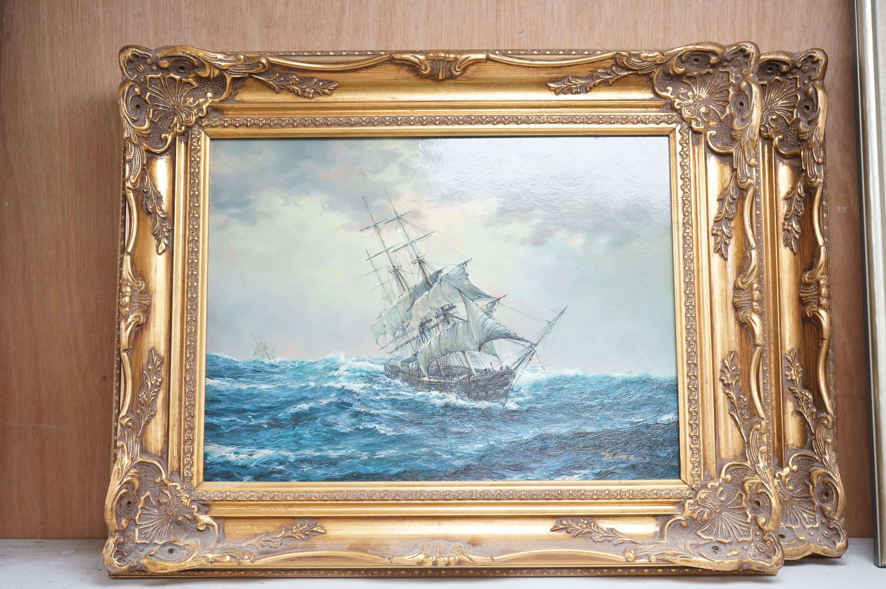 Rose, pair of decorative oils on board, Sailing ships in rough seas, each signed, 29 x 39cm, ornate gilt frame